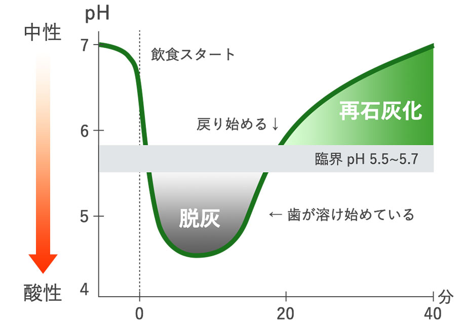 ステファンカーブ（食事後のお口の中のpH(ペーハー)の変化）